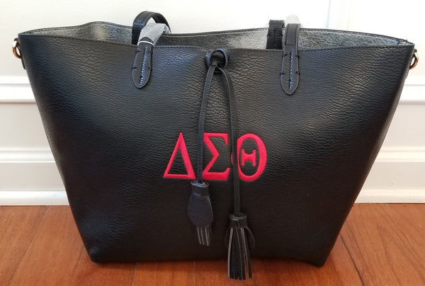 Embroidered Delta Sigma Theta 2 in 1 Handbag with Black Front Tassels