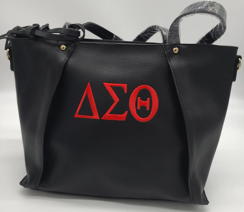 Embroidered Delta Sigma Theta 2 in 1 Black Handbag with Gold Studs