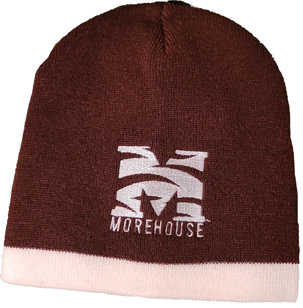 Morehouse Embroidered Maroon with White Stripe Beanie